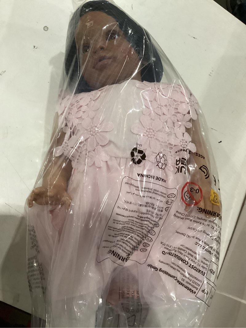 Condition photo showing New/Like New for Pinky Lovely Reborn Baby Dolls Black Girl 26inch 66cm Soft Vinyl Lifelike Toddler Doll Real Look African American Newborn Baby Dolls Toy for Kids 3+ Pink Dress