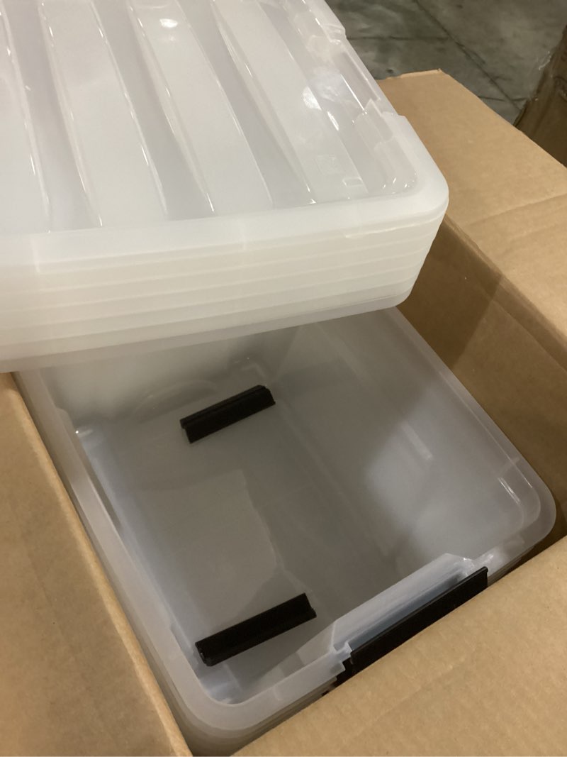 Condition photo showing Good Condition for IRIS USA 32 QT Plastic Storage Box with Lid and Latches - 6 Pack - BPA-Free, See-Through Organizing Solution, Durable Nestable Stackable Containers, Secure Pull Handle - Clear Clear 32 Qt 6 Pack