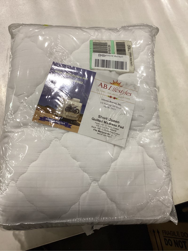 Condition photo showing New/Like New for AB Lifestyles RV Short Queen 60x75 Quilted Mattress Pad Cover. Fitted Sheet Style. for RV, Camper. Made in The USA White