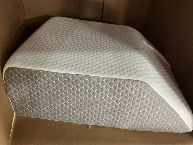 Condition photo showing As Is for bedluxe wedge pillow, 10 inch bed wedge pillow for headboard, pillow wedge for acid reflux relief, sleeping, back pain relief, snoring, triangle pillow wedge, white/grey 24*24*10 inch white grey