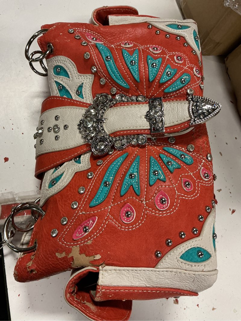 Condition photo showing As Is for orange and turquoise studded accented western style satchel handbag