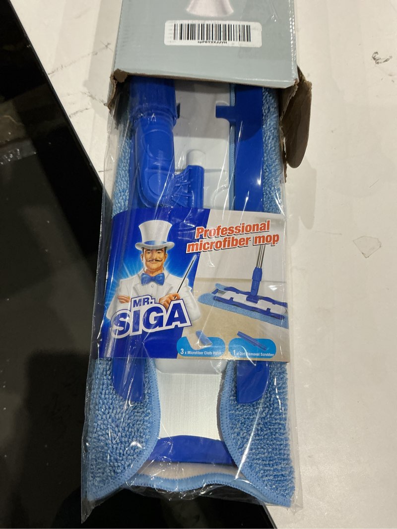 Condition photo showing Good Condition for mr.siga professional microfiber mop for hardwood, laminate, tile floor cleaning, stainless steel telescopic handle - 3 reusable flat mop refills and 1 dirt removal scrubber included blue, blue