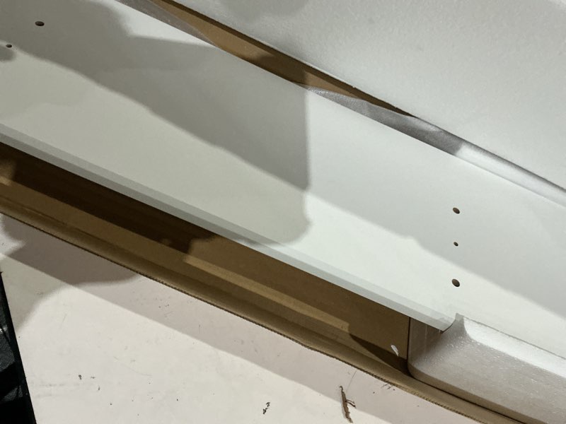 Condition photo showing As Is for fenge wood monitor stand with storage shelf