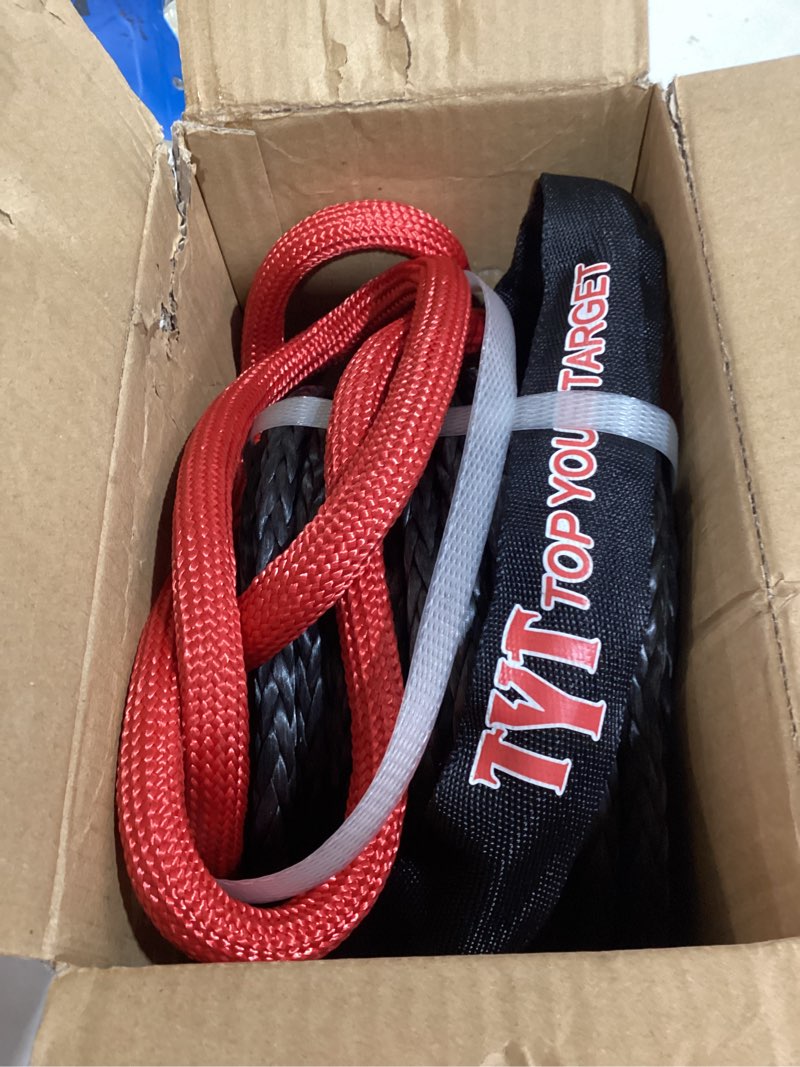 Condition photo showing As Is for tyt synthetic winch rope kit - 3/8" x 92' with 27000 lbs strength, protective sleeve, heavy duty hook and safety pull strap for off-road 4x4 vehicles (black) 3/8" x 92' black