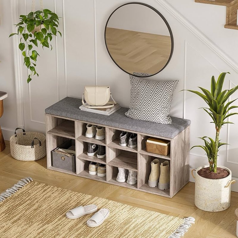 dinzi lvj shoe bench, entryway storage bench with doors, cushion, 2-tier shoe rack with 6-cubby, 39.