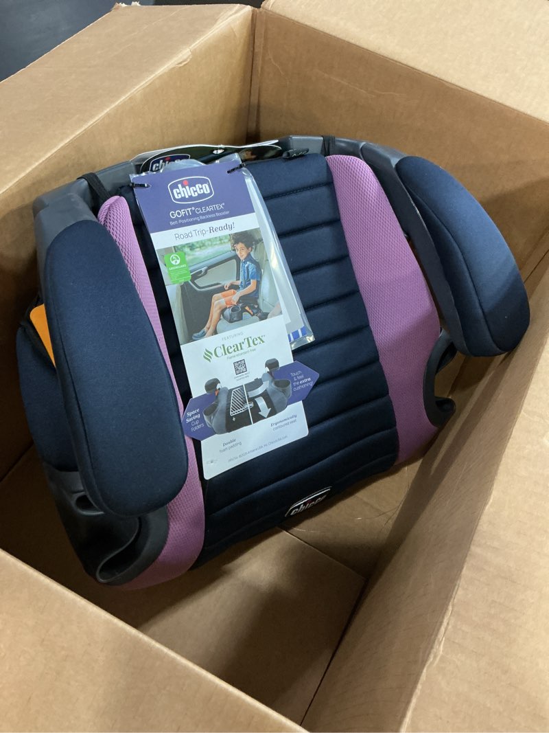 Condition photo showing New/Like New for chicco gofit cleartex backless booster car seat, travel booster seat for car, portable car booster seat for children at least 4 years old and 40-110 lbs. | orchid/navy