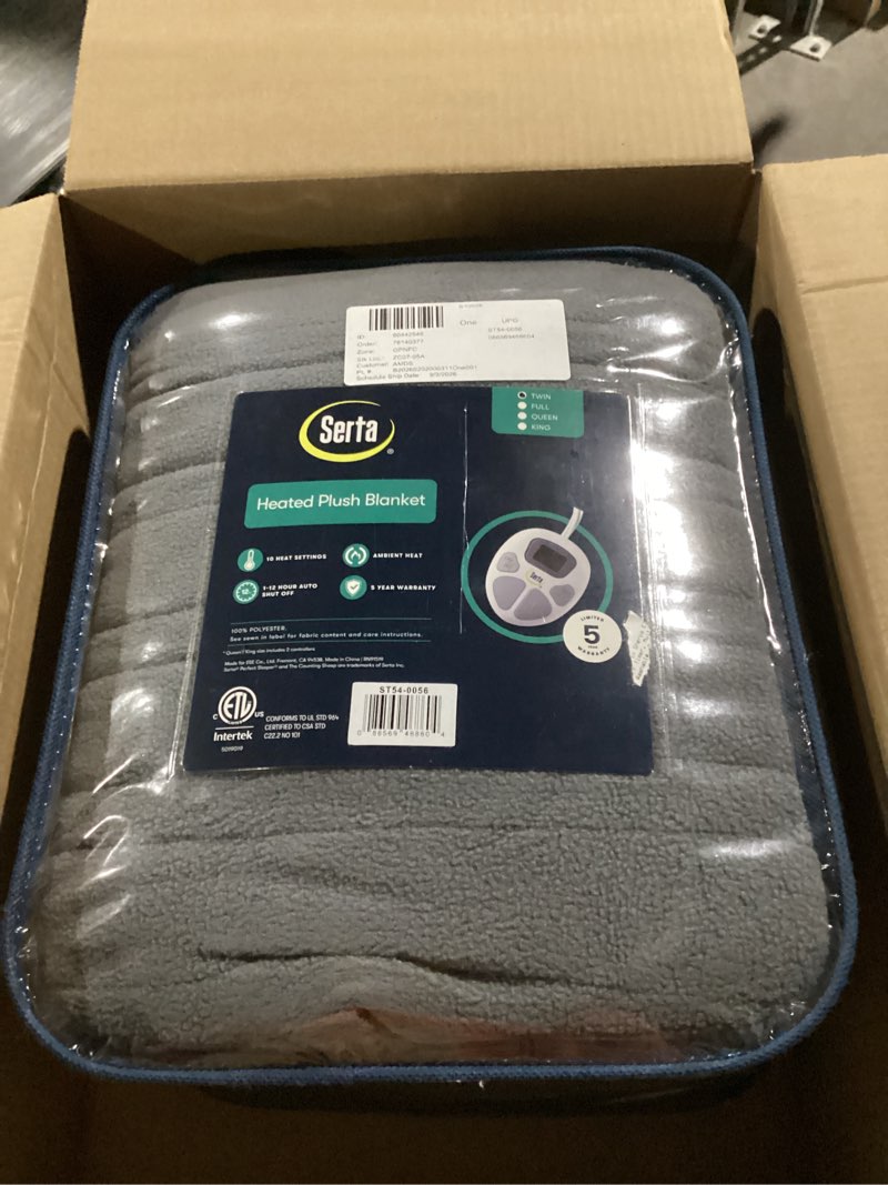 Condition photo showing New/Like New for Serta Reversible Fleece to Sherpa Electric Blanket, Fast Heating, Auto Shut Off Timer, Multi Heat Setting, ETL Certified, Machine Washable, Grey Twin 84"x 62" Twin (84"x 62") Grey