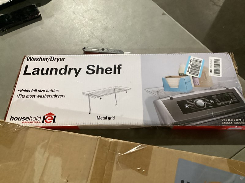 Condition photo showing As Is for household essentials rear display over-the-washer storage shelf to organize and store laundry room supplies, silver