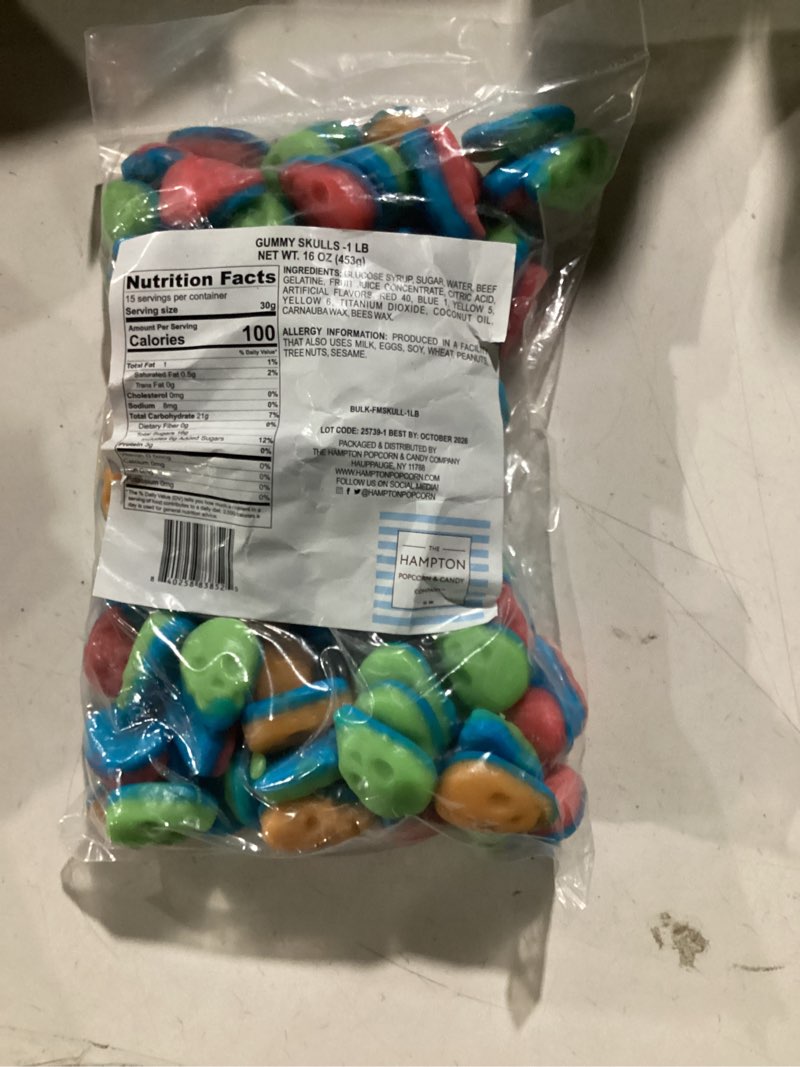 Condition photo showing New/Like New for Mini Gummy Skulls Halloween Candy, 1 Pound Bulk Bag, Trick-Or-Treat Party Bag Fillers, Halloween Gummies Gummy Skulls Mini Pink, Green & Orange 1 Pound