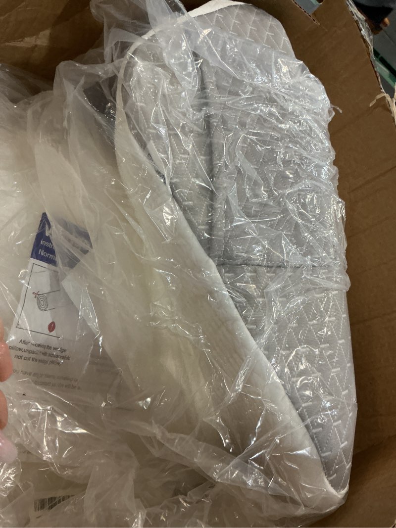 Condition photo showing As Is for ruqmuis knee pillow for back sleeping, 8” knee wedge pillow to elevate knee, leg pillow for back pain relief, triangle pillow, leg elevation pillows for after surgery, blood circulation, white/grey
