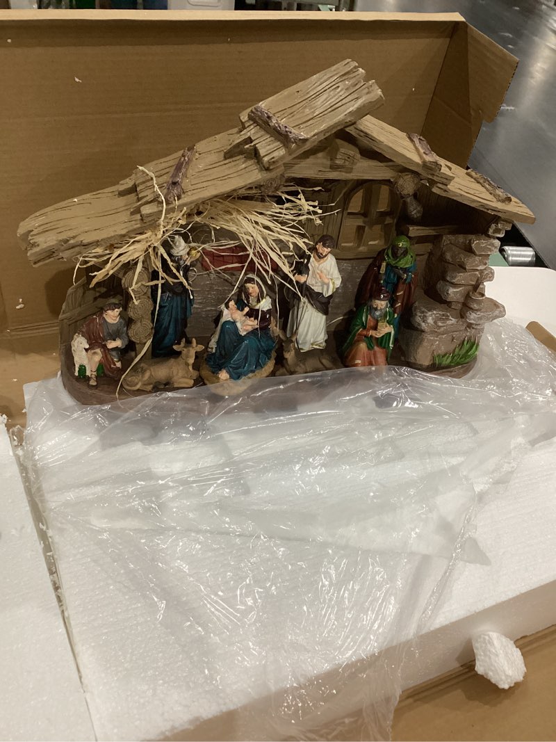 Condition photo showing Good Condition for Nativity Scene with Manger, Resin Nativity Sets Figurine with LED Light and Music, 15.6 Inch Holy Family Lighted Stable Nativity Scene Set Indoor for Tabletop Mantle Home Christmas Decoration 15.6"L