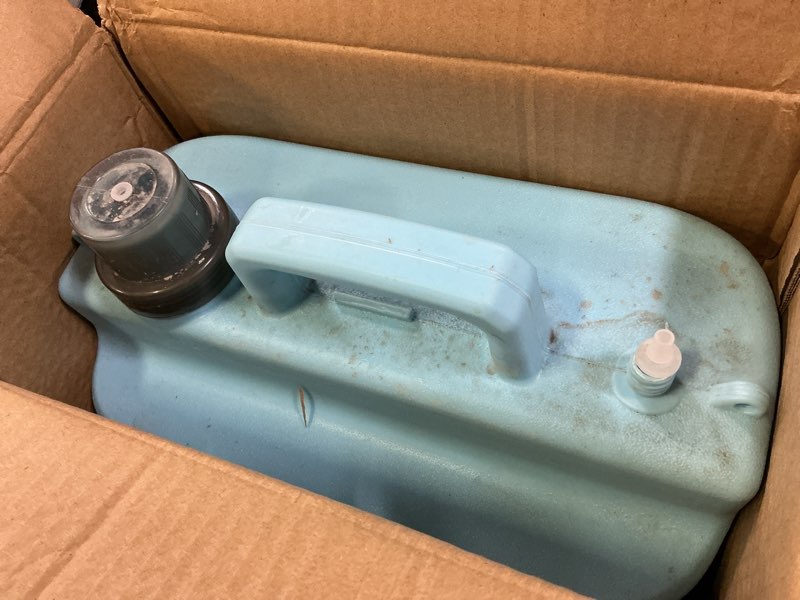 Condition photo showing As Is for battery powered sprayer 2 gallon, 7.4v powerful electric garden sprayer, rechargeable weed yard lawn sprayers with 4 mist nozzles, retractable wand, adjustable shoulder strap blue
