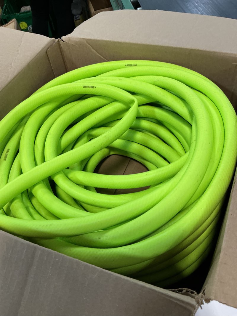 Condition photo showing As Is for flexzilla garden hose 5/8 in. x 100 ft., lightweight all-weather water hose, durable and flexible, leak-free connections standard grip 100ft chartreuse