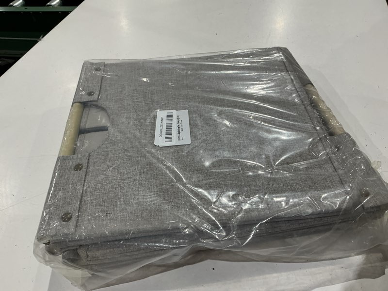 Condition photo showing Good Condition for hoonex collapsible storage bins, 12x12x12in storage cubes linen fabric, 3 pack, storage baskets with wooden carry handles and sturdy heavy cardboard, for home, office, car, nursery, light grey 12" l x 12" w x 12" h light grey