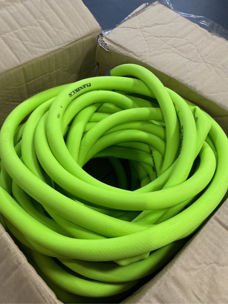 Condition photo showing As Is for flexzilla garden hose 5/8 in. x 100 ft., lightweight all-weather water hose, durable and flexible, leak-free connections standard grip 100ft chartreuse