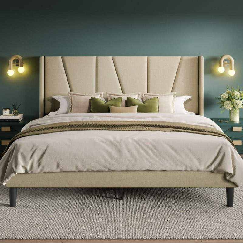 Allewie Full Size Platform Bed Frame with Geometric Wingback Headboard, Boho Upholstered Bed with Wooden Slats Support, No Box Spring Needed, Easy Assembly, Beige