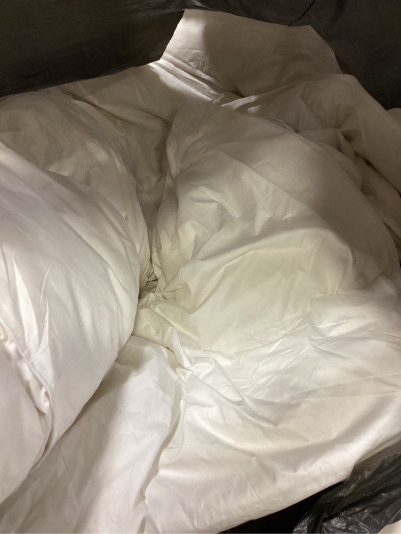 Condition photo showing As Is for easeland queen size down alternative comforter - quilted duvet insert for all seasons, soft lightweight with corner tabs, summer winter warm bedding, white 88×88 inches queen white