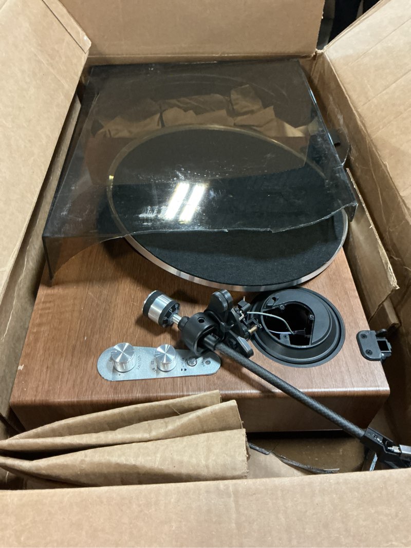 Condition photo showing As Is for vinyl record player bluetooth input/output, wohome all-in-one hi-fi vintage turntable with 4 built in speakers, at-3600l magnetic cartridge, rca line out, aux in headphone jack, auto off