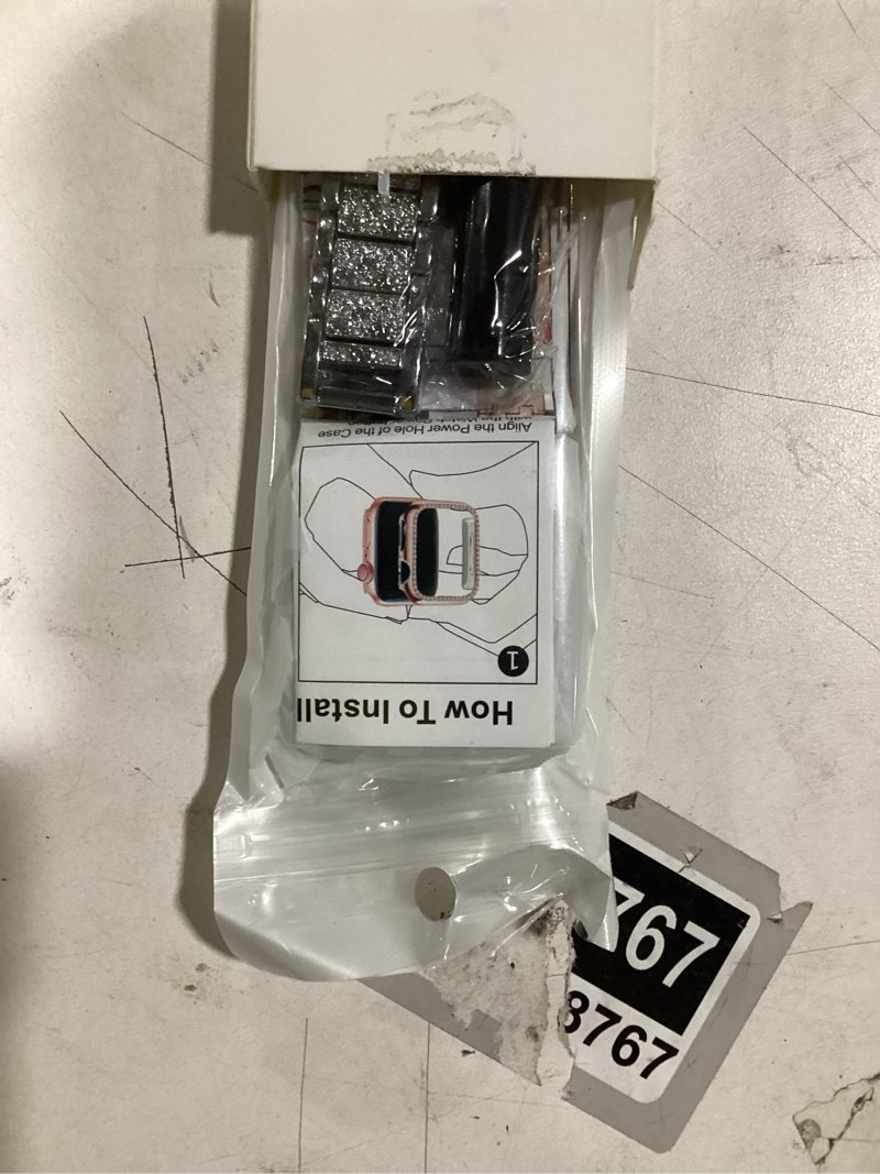 Condition photo showing Good Condition for mosonio compatible with apple watch band 38mm 40mm 41mm 42mm 44mm 45mm 46mm 49mm with 2 pack case women, jewelry replacement metal bands strap with bling pc protective case for iwatch ultra se series 11/10/9/8/7/6/5/4/3/2/1 silver 45mm (series 9/8/7)