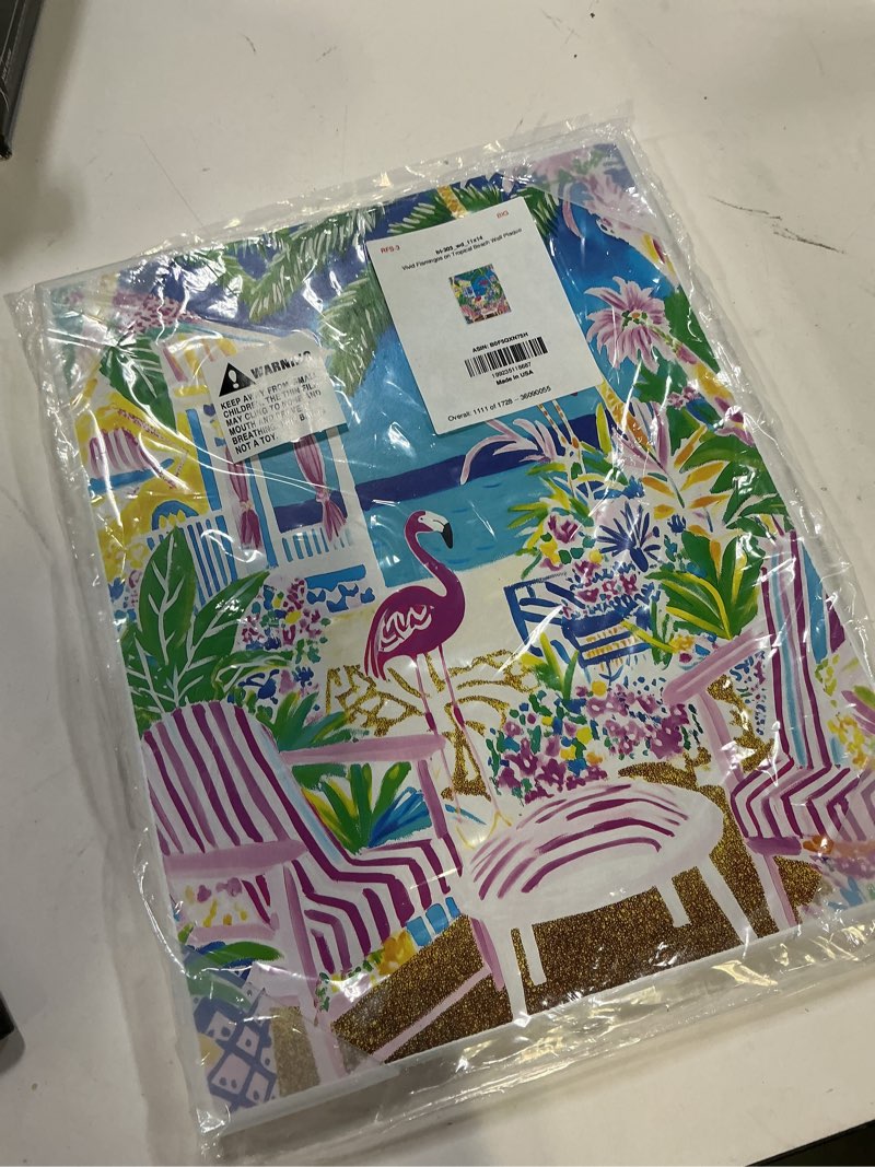 Condition photo showing New/Like New for stupell industries vivid flamingos on tropical beach wall plaque art, design by jess stempel, 11 x 14