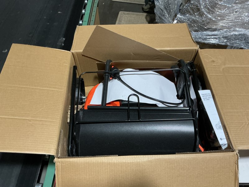 Condition photo showing New/Like New for 16-inch 15.5 amp 2-in-1 electric dethatcher and scarifier with 14.5-gallon collection bag, lawn dethatcher with 5-position depth adjustment, blade replacement without tool - orange orange 16inch