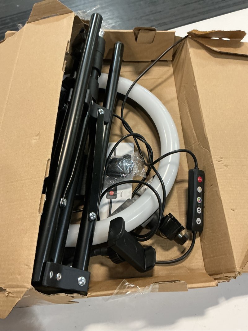 Condition photo showing As Is for 12.3" ring light with stand & phone holder tall 75", 51 color modes circle lights selfie ringlight with tablet holder, 12 dimming levels christmas led halo light tripod for iphone video recording/vlog 12.3 inch