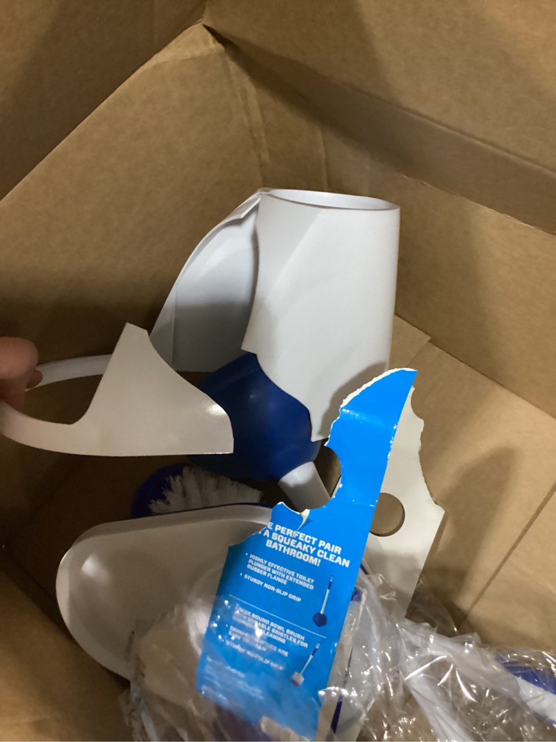 Condition photo showing As Is for mr. clean toilet plunger and bowl brush combo with caddy, 3-piece heavy-duty plunger, toilet brush, 