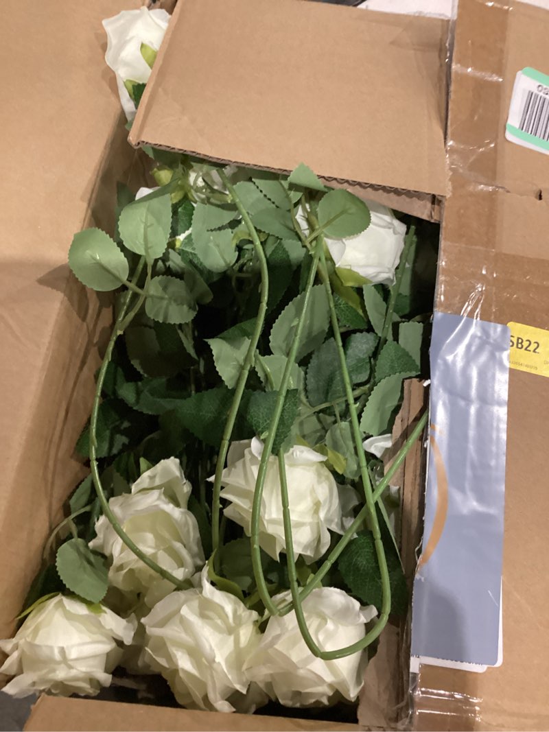 Condition photo showing Good Condition for Jexine 100 Pieces Artificial Roses Flowers Bulk, Long Stem Realistic Fake Silk Roses Bouquet for Table Centerpiece Vases Wedding Party Kitchen Decor(White)