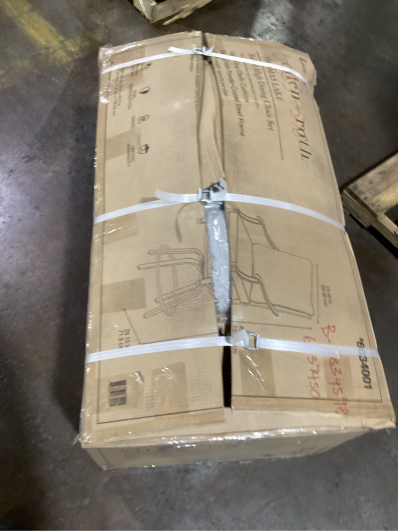 Condition photo showing As Is for allen + roth thomas lake 5-piece high dining patio set with light gray cushions