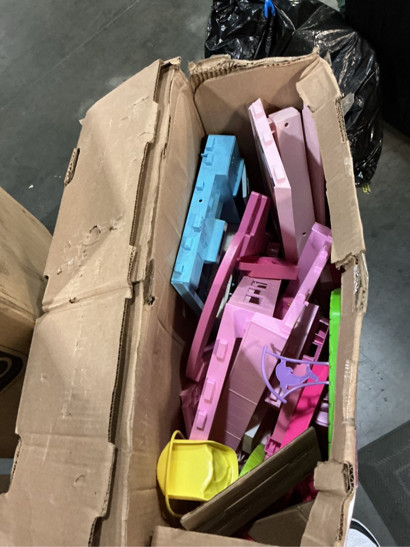 Condition photo showing As Is for barbie dreamhouse, pool party doll house with 75+ pieces and 3-story slide, house playset, pet elevator and puppy play areas