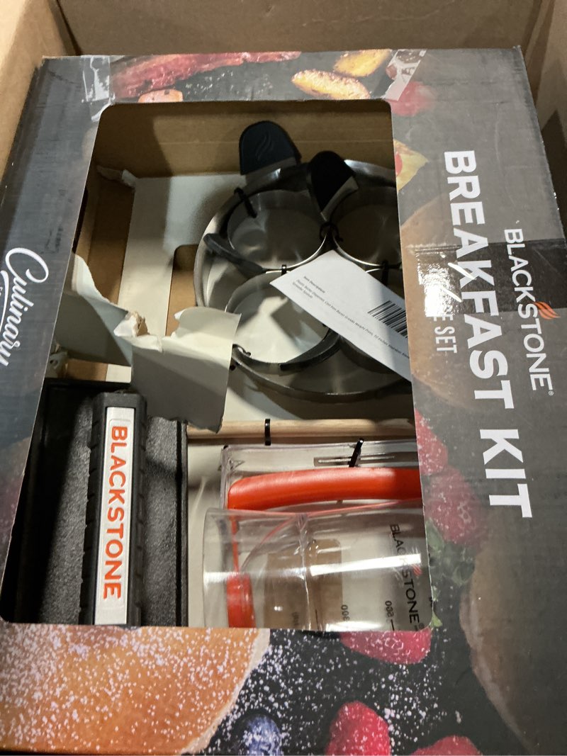 Condition photo showing Good Condition for BLACKSTONE 5324 Breakfast Kit (8 Piece) Plastic Batter Dispenser, Cast Iron Bacon Griddle Weight Press, 10 Inches Stainless Steel Omelet Egg Ring, Wood Wooden Crepe Spreader Spatula, Black