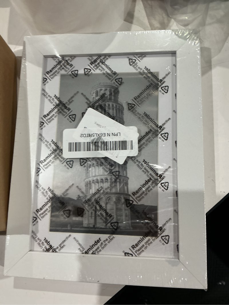Condition photo showing As Is for wiscet 5x7 picture frame set of 2, display pictures 4x6 with mat or 5 x 7 without mat, photo frame for wall mounting or tabletop, white.