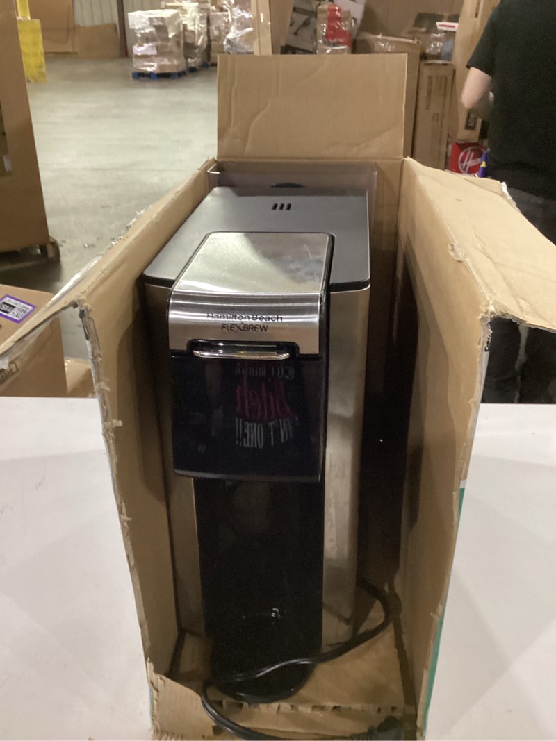 Condition photo showing As Is for not tested **** missing pot*****hamilton beach flexbrew advanced 5-in-1 programmable 12 cup drip and single serve hot & iced coffee maker with movable 60 oz. water reservoir, usenot tested *** missing pot***pod packs and grounds, fast brewing, black (49924)