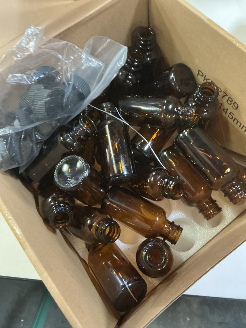 Condition photo showing As Is for patikil 1oz(30ml) glass sample bottles, 24pcs round bottle dispensing bottles with black poly cone cap for reagent liquids, essential oils, perfume, amber 1 oz amber,black