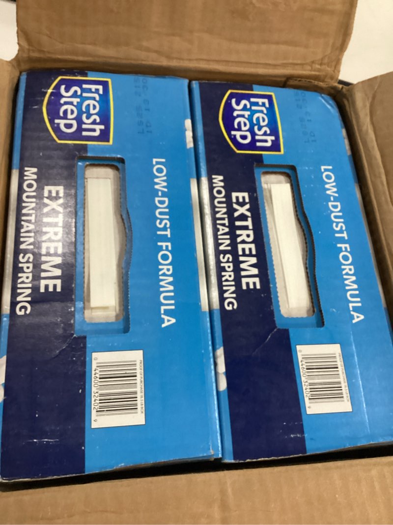 Condition photo showing New/Like New for Fresh Step Clumping Cat Litter, Advanced, Extreme Mountain Spring Odor Control, Extra Large, 37 Pounds total (2 Pack of 18.5lb Boxes) (B07ZK3NSJQ)