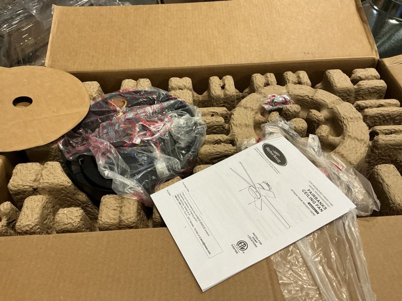 Condition photo showing As Is for  Harbor Breeze Fairbanks Easy2Hang 52-in Matte Black with Black/Sable Blades Adjustable White