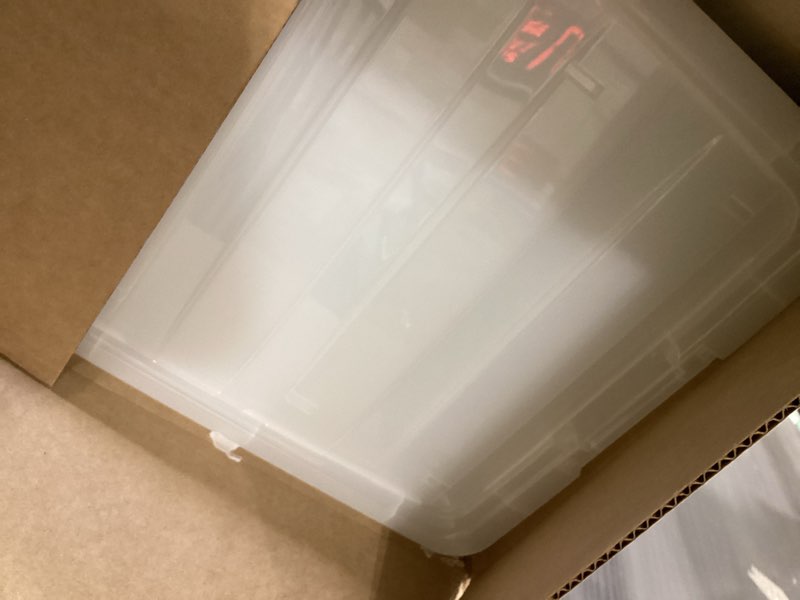 Condition photo showing Good Condition for IRIS USA 54 Qt Stackable Plastic Storage Bins with Lids, 6 Pack - BPA-Free, Made in USA - See-Through Organizing Solution, Latches, Durable Nestable Containers, Secure Pull Handle - Clear Clear 54 Qt 6 Pack