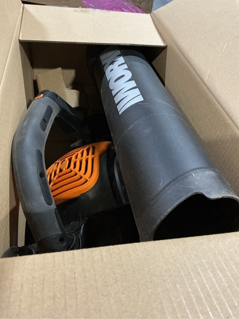 Condition photo showing As Is for worx 12 amp trivac 3-in-1 electric leaf blower/mulcher/yard vacuum - wg512