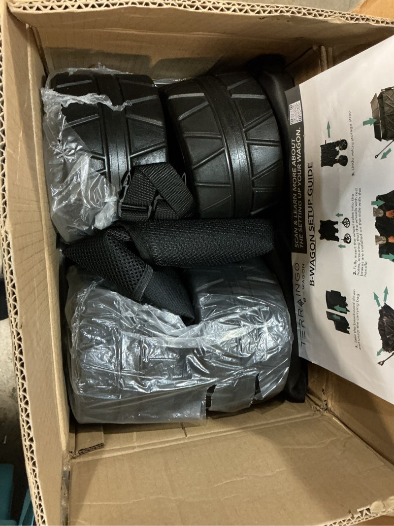 Condition photo showing New/Like New for terraingo collapsible wagon cart with interchangeable all terrain wheels patent pending foldable beach wagon utility cart - camping essentials with storage pockets, and cup holders, max load 440lbs large wagon collapsible