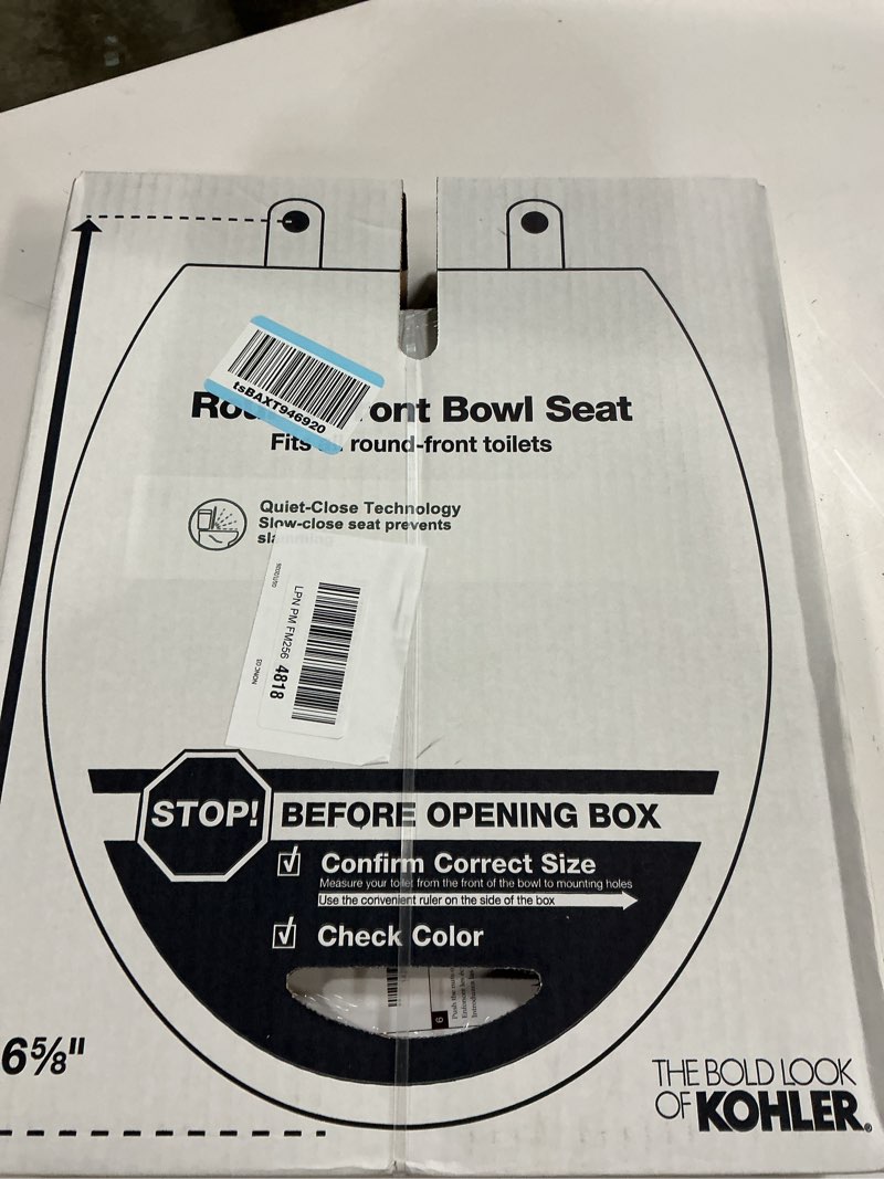 Condition photo showing New/Like New for kohler 20111-0 brevia, slow close toilet seat, round toilet seat, grip-tight bumpers quick-attach hardware, white