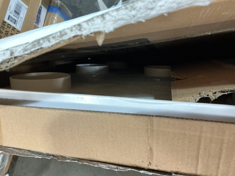 Condition photo showing As Is for KPUY Shower Base, 48'' L X 32'' W Shower Base Pan with Single Threshold and Center Drain, Shower Pan with Slip Resistant Textured Surface, White Acrylic