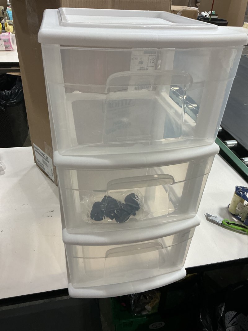 Condition photo showing New/Like New for homz 3-drawer rolling storage tower with a white frame and clear plastic drawers