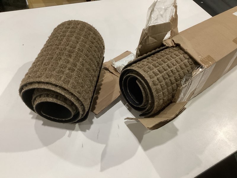 Condition photo showing Good Condition for waterhog squares stair treads indoor ourdoor stairs, absorbent all-weather stair runner with rubber backing, dirt & moisture trapper, easy clean mat, made in usa, 8.5"x30", 4pcs, camel