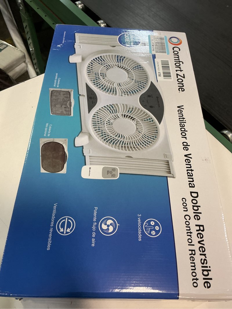 Condition photo showing New/Like New for comfort zone 9  3-speed reversible twin window fan with remote control  white