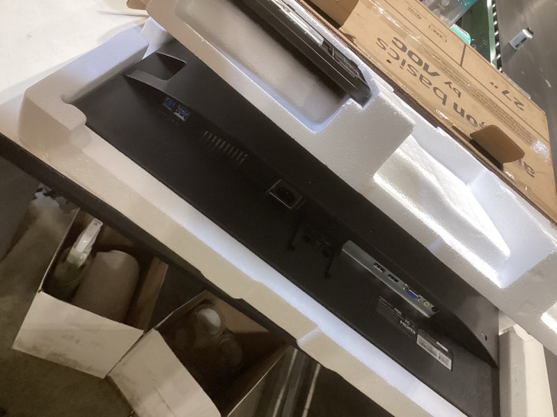 Condition photo showing As Is for amazon basics ips monitor 75 hz powered with aoc technology fhd 1080p hdmi, display port and vga input vesa compatible built-in speakers for office and home, 27 in, black