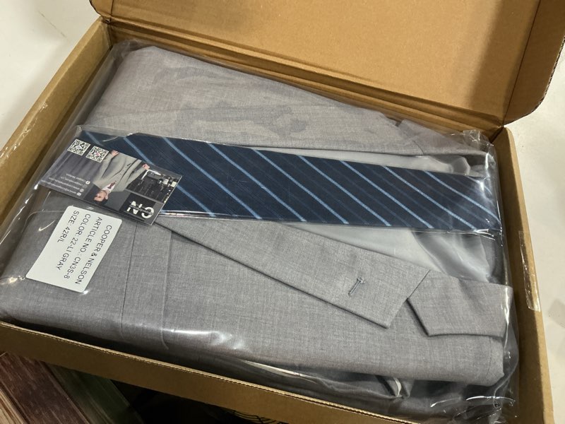 Condition photo showing New/Like New for cooper & nelson men's suit slim fit, 3 piece suits for men, one button solid jacket vest pants with tie, tuxedo set large light grey