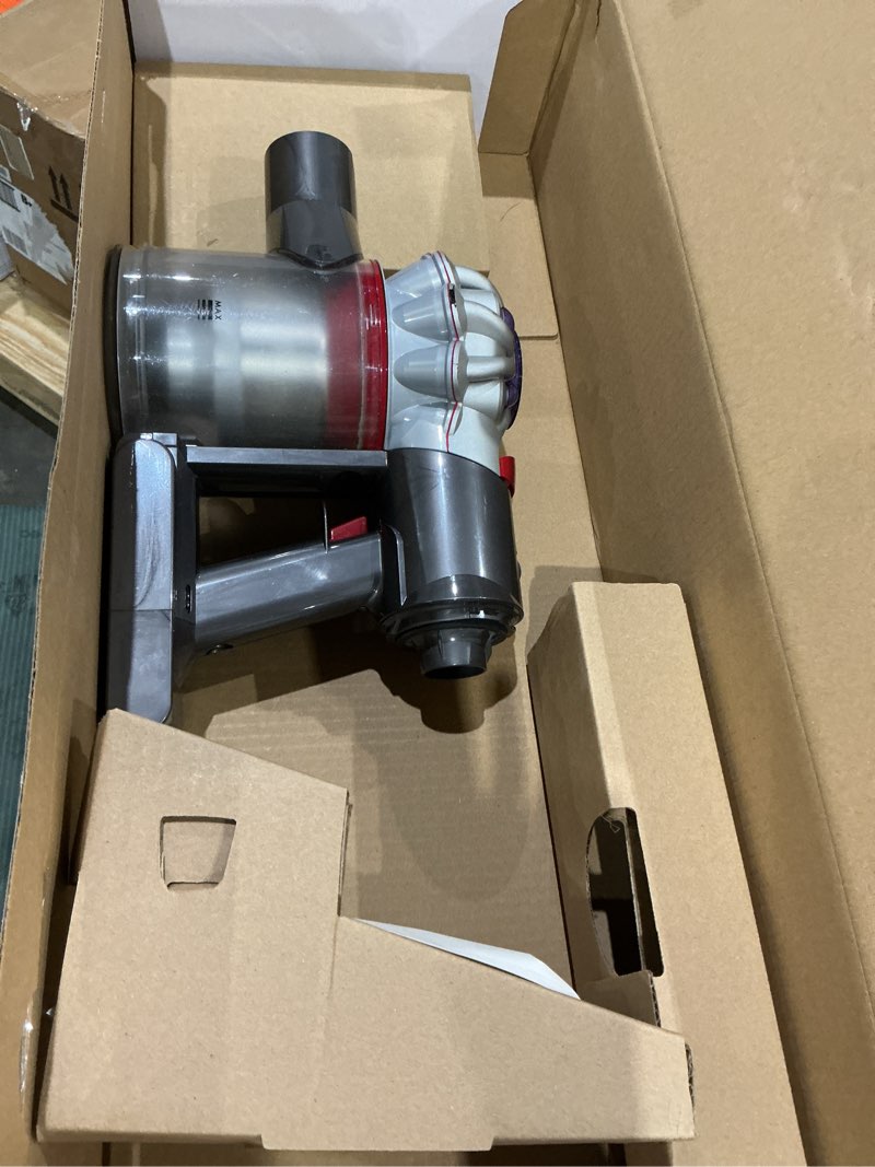 Condition photo showing As Is for dyson v8 cordless vacuum, cleans hard floors and carpets, detangles, converts to handheld, 115aw, 2 power modes, up to 40 minutes¹