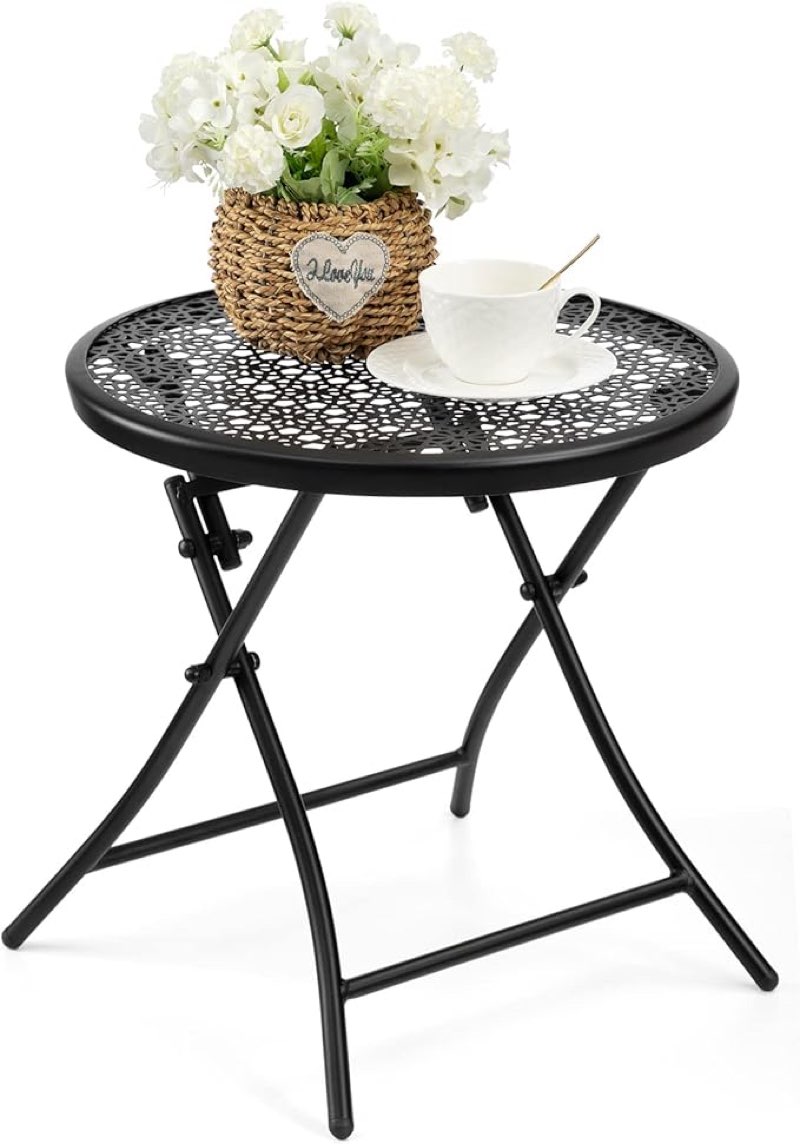 teokj folding outdoor side tables, anti rust small patio table round metal nightstand with flower cutouts for porch yard balcony deck lawn black 