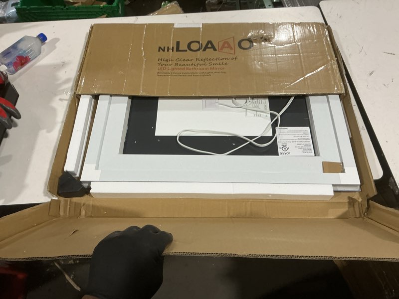 Condition photo showing As Is for loaao 24"x30" led bathroom mirror with lights, anti-fog, dimmable, backlit + front lit, lighted bathroom vanity mirror for wall, memory function, tempered glass, etl listed led 24"l x 30"w