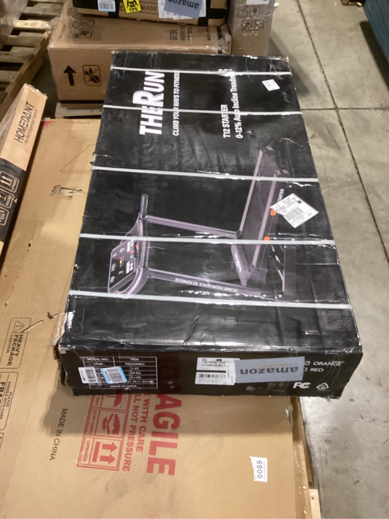 Condition photo showing As Is for THERUN Incline Treadmill, 0-12% Incline Treadmill for Running and Walking, 300 lbs Weight Capacity, Wide Belt,3.0HP,18" LED Screen, 2 Layers Shock-Absorbing Red Orange Black-Auto Incline
